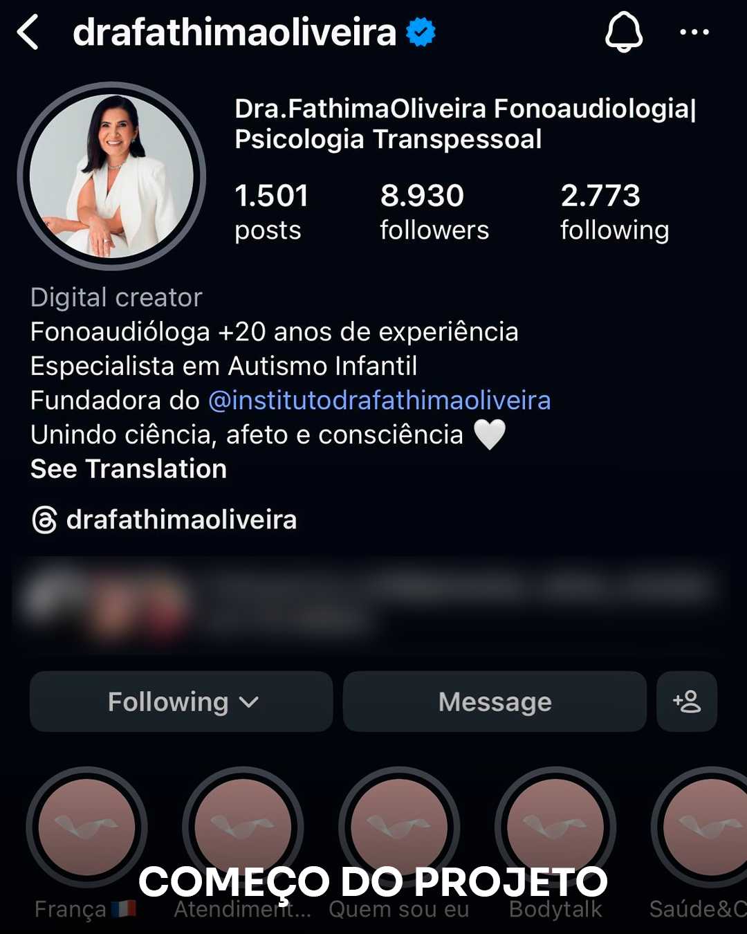 Perfil da Dra. Fathima no começo do projeto